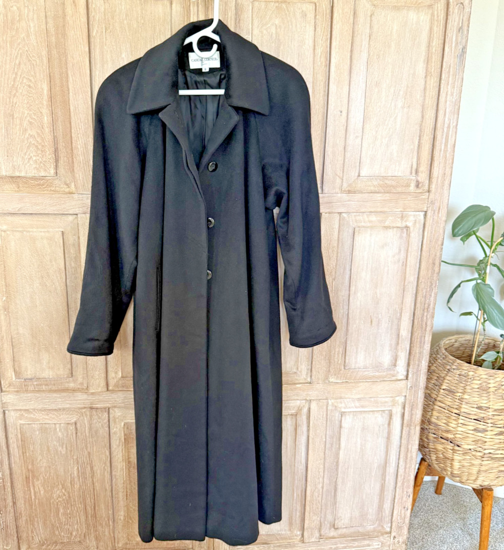 Vintage Casual Corner Black Wool Trench Coat Women's 8 49" Full Length USA